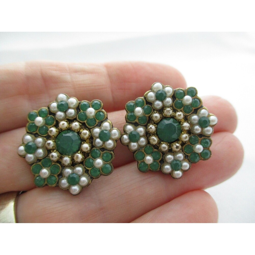 Vintage Michal  Negrin  Clip on Green Pearl Flower Earrings